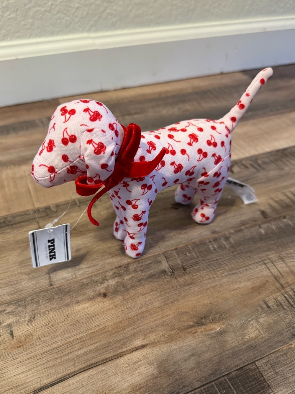 Victoria’s Secret Pink Y2K Pink Red Cherry Print Stuffed Animal Dog NEW OS